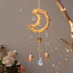 Moon Suncatcher Citrine Natural Stone Hanging Ornament Butterfly Prism Rainbow Maker Window Home Garden Decor Bohemian