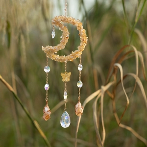 Handmade moon-shaped suncatcher with citrine stones and clear crystal ball pendant