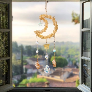 Golden moon suncatcher with citrine stones, metal butterfly and crystal ball prisms