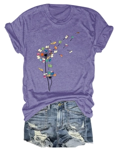 Detailed view of women's purple T-shirt with dandelion print and ripped denim shorts set
