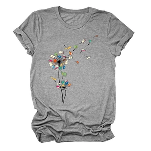 Detailed view of dandelion book graphic on gray crew neck t-shirt with cotton fabric texture
