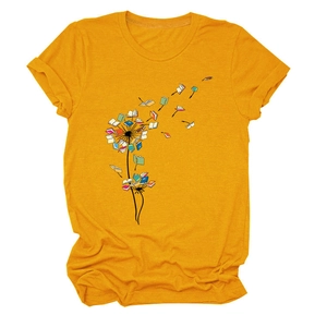 Detail of creative dandelion book print on yellow crew neck short sleeve cotton T-shirt
