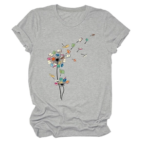 Close-up of dandelion book print on gray crew neck T-shirt with rolled cuff sleeves