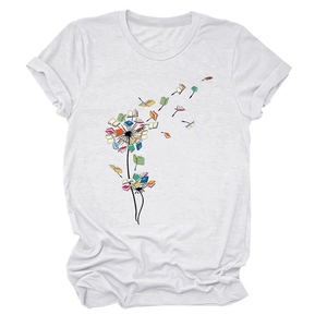 Flat lay detail of white crew neck T-shirt with artistic dandelion book print pattern