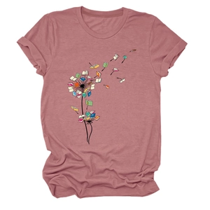 Detail of mauve crew neck t-shirt featuring creative dandelion and flying books print