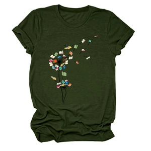 Detail of army green t-shirt featuring a creative dandelion print made of books
