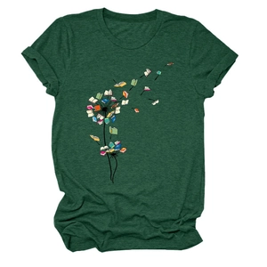 Close-up of dandelion pattern formed by flying books on a dark green crew neck T-shirt