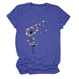 Close-up of navy blue dandelion book print on casual round neck short sleeve T-shirt