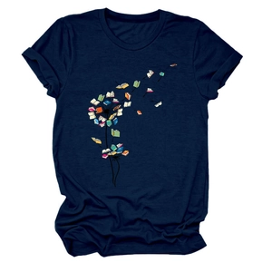 Detail of artistic dandelion print made of colorful books on navy blue cotton T-shirt