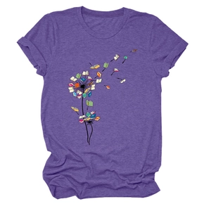 Detail of creative dandelion book print on a purple crew neck short sleeve T-shirt