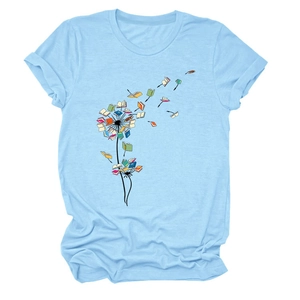 Women's light blue crew neck T-shirt with artistic flying books dandelion print