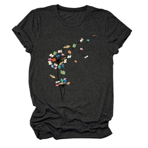 Detail of creative dandelion book print on dark grey crew neck cotton blend t-shirt