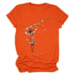 Detail of bright orange T-shirt featuring a creative dandelion pattern made of books