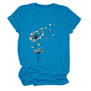 Detail of creative dandelion illustration made of books on sky blue crewneck t-shirt