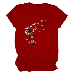 Detail of creative dandelion book print on dark red soft cotton blend t-shirt
