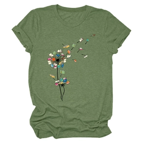 Detail of colorful dandelion books print on an olive green crew neck casual t-shirt