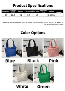 Size chart and dimensions for the quilted heart tote bag in five solid colors