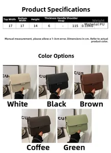Detailed size chart and five color options for this minimalist PU leather crossbody bag