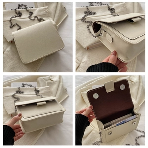 Detailed four-angle view of beige square crossbody bag with silver chain strap and magnetic closure
