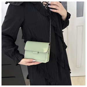 Mint green crossbody bag with silver chain strap shown on model in black dress