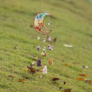 Boho crystal suncatcher with chakra stones and tree of life moon pendant hanging