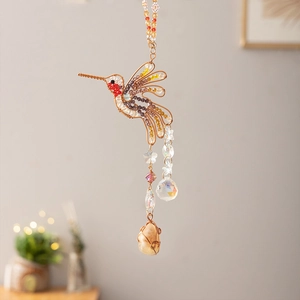 Handmade Copper Wire Wrapped Woodpecker Suncatcher Natural Crystal Stone Beads Hanging Ornament For Window Garden Home Decor Bohemian Dreamy Gift