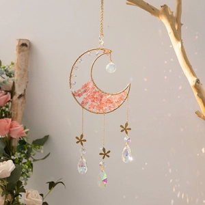 Bohemian moon suncatcher with pink natural crystals and rainbow prism glass pendants