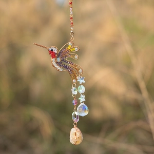 Handmade hummingbird suncatcher with colorful crystals and natural stone pendant decor