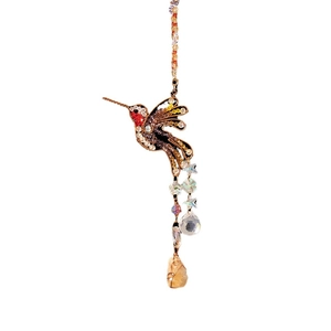 Handmade hummingbird suncatcher with colorful crystals and natural stones for garden decor