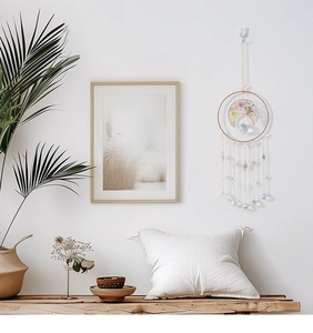 Bohemian suncatcher wall hanging with crystal beads and floral moon in a home setting