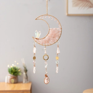 Moon Shape Suncatcher Boho Handmade Hanging Ornament Rose Quartz Crystal Metal Wire Rainbow Maker Home Garden Decor