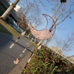 Bohemian moon suncatcher with pink natural crystals and hanging crystal tassel pendants