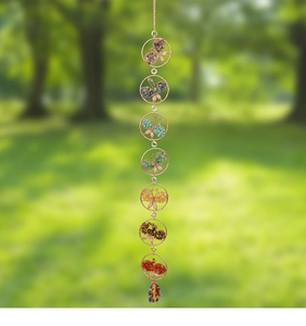 Vertical suncatcher with seven butterfly frames and colorful natural crystal stones