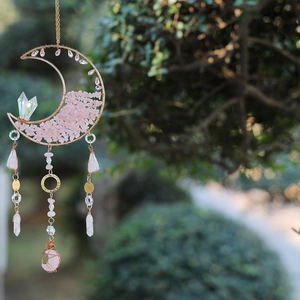 Pink natural stone suncatcher moon pendant with crystals for home and garden decoration
