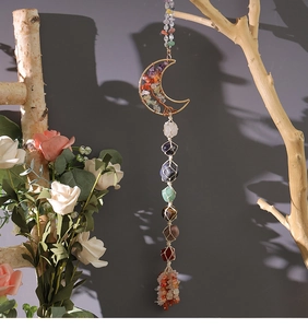 Detailed seven chakra tree of life moon pendant with hanging raw natural gemstones