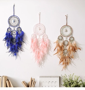 Set di tre acchiappasogni Albero della vita con piume blu rosa e marroni decoro muro
