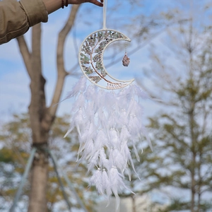 White feather dreamcatcher with crystal tree of life and crescent moon wall hanging ornament