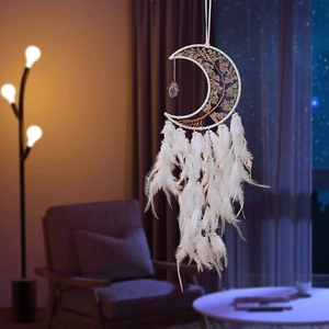 White moon dreamcatcher with crystal tree of life and feathers for room decor