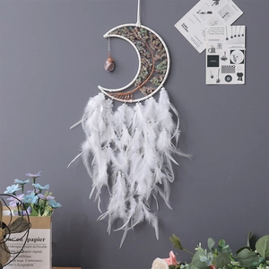 Moon-shaped dream catcher with white feathers and gemstone tree of life wall decor