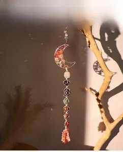 Detail of 7 chakra moon hanging ornament with raw crystals and woven nets on wooden branch