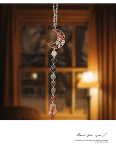 Detailed handmade moon-shaped Tree of Life wall hanging with 7 chakra raw crystals