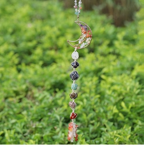 Detailed handmade crystal moon wall hanging with tree of life and seven chakra stones