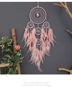 Dettaglio di acchiappasogni rosa bohémien con cristalli, piume e trama dell'albero della vita