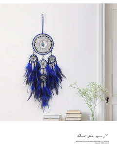 Acchiappasogni blu con piume e albero della vita in cristallo per decorazione parete