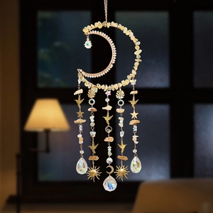 Crystal dreamcatcher suncatcher with crescent moon and hummingbird hanging pendants