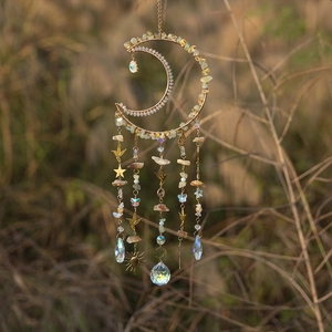 Bohemian crescent moon dream catcher with yellow natural crystals and sun star pendants