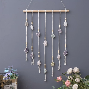 Bohemian Handmade Woven Cotton Wall Hanging Decor Natural Crystal Raw Stone Wood Stick Tassel Tapestry Home Bedroom Decoration