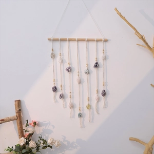 Bohemian wall hanging with handmade cotton weave and colorful natural crystal stones