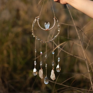 Bohemian crystal moon suncatcher with natural gravel and tree of life hanging decor