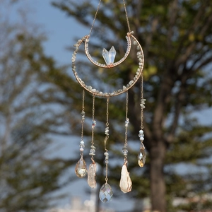 Handmade golden moon suncatcher with natural labradorite stones and crystal prisms